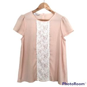 Viola Light Peach Cap Sleeve Blouse | Lace Crochet Front Accent